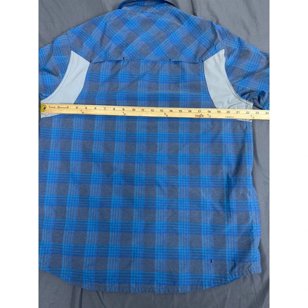 Stio Hagen Trail Shirt Mens‎ Medium Blue Plaid S/S Snap Button UPF 50 Vented